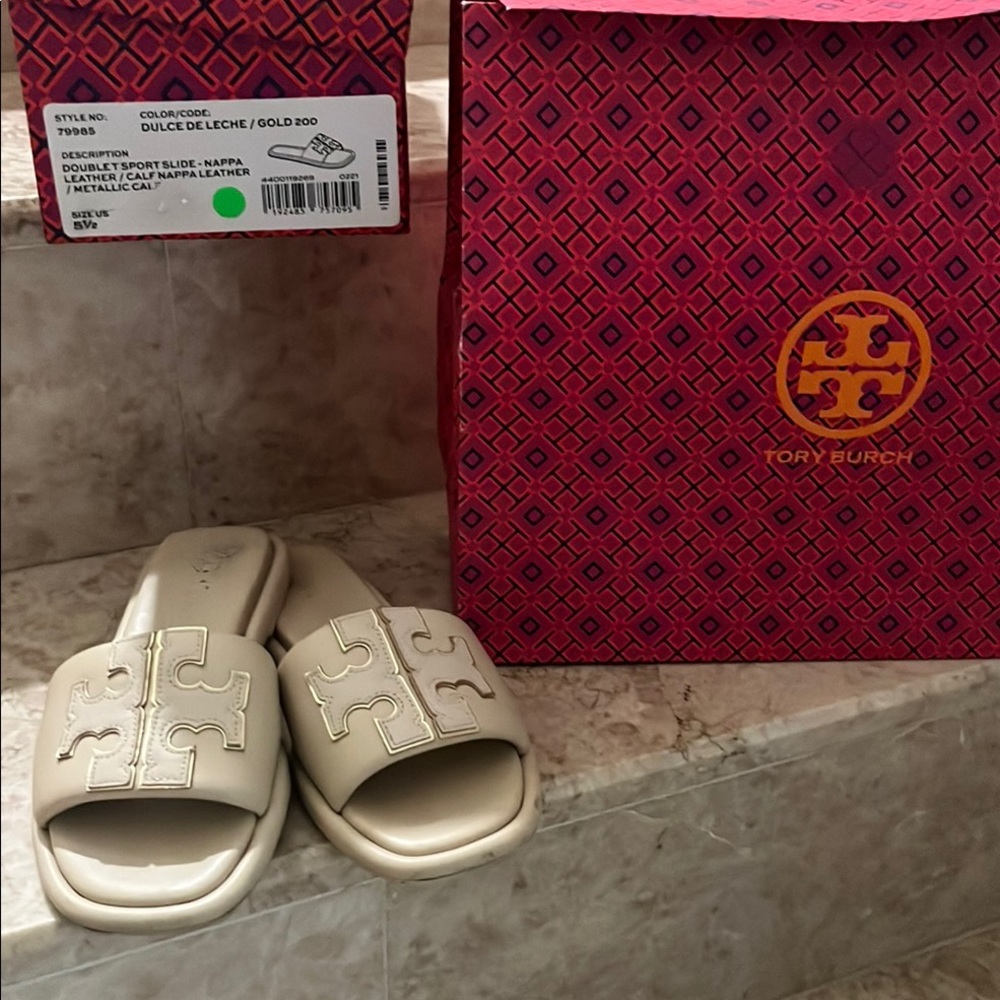 Tory Burch Gold Logo Cream Slides